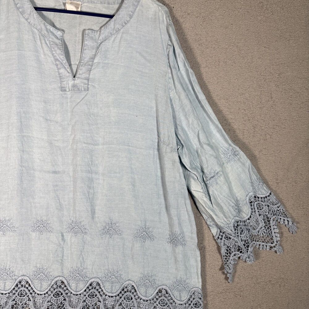 Chicos Tunic Top Size XL‎ (3) Powder Blue Crochet Boho Bohemian Fairy Witchy - Picture 4 of 16